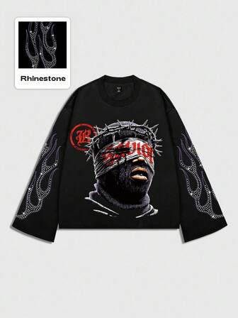 Street Life Tee-shirt à manches longues pour hommes avec imprimé diamant pailleté, coupe ample et courte, pour l'automne