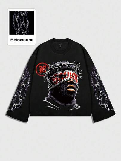 Street Life Men's Glitter Diamond Print Long Sleeve T-Shirt, Loose Cropped Fit, For Fall