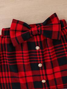 SHEIN Girl 2Pcs Velvet Square Neck Gigot Sleeve Tee Top & Bow Detail Plaid Print Asymmetrical Hem Skirt Outfits,Autumn Birthday Cute Casual Preppy For Kids - Black - View 4