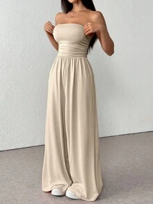 Flirla 休闲百褶宽松连体裤，四季皆宜 - 杏色 - 查看 5