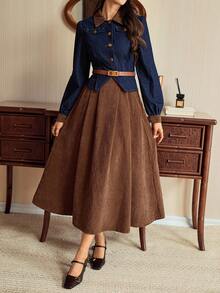 Vintamour 2件秋冬牛仔上衣和复古法式天鹅绒连衣裙套装 - 深色水洗藍 - 查看 5