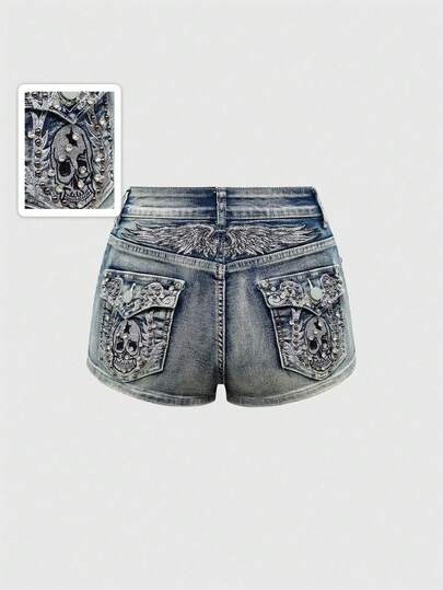 ROMWE Avant Pantaloncini di jeans vintage Y2K a vita bassa con ricamo di scheletro ad ali