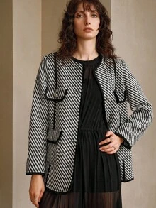 Arave Women's Woven Tweed Fabric Small Round Neck Straight Shoulders Long Sleeves Short Straight Cut Tassel Lace Decoration Design Black Edge Contrast Design Daily Casual Regular Jacket Fall Clothes For Women