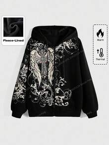 ROMWE Grunge Punk Women Street Cross & Wings Print Rhinestone Embellished Loose Drawstring Zip-Up Hooded Sweatshirt Graduation,Back To School Outfits,Graduation,Teacher Outfits For Women,Back To School - Black - View 1