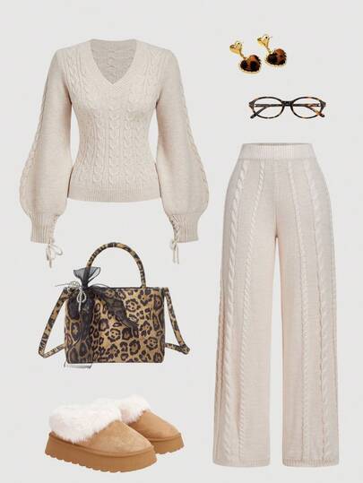 SHEIN MOD 女款松紧腰阔腿宽松针织长裤麻花图案，奶油色针织裤，麻花针织裤，秋冬针织阔腿裤