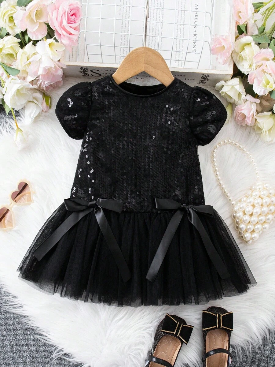 SHEIN Váy đen không tay đính hạt thanh lịch và dễ thương cho bé gái - màu đen - Xem 1