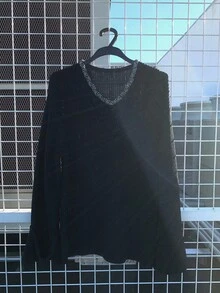 Livesso Women's Loose V-Neck Long Sleeve Casual Elegant Patchwork Lace Knit Sweater, Autumn/Winter - Black - View 5
