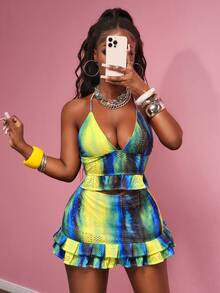 Slaydiva 2025 Spring/Summer New Bohemian Music Festival Country Western Vacation Avant-Garde Y2K Sexy Bombshell Blue & Green Tie-Dye Tie Dye Print Hollow Mesh Textured Semi-Sheer Elastic Jacquard Knit Fabric Deep V Halter Backless Crop Top With Elastic Waist Double Ruffle Hem Mini Skirt Set