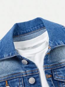 SHEIN 幼儿/男婴 2 件套休闲卡其色牛仔翻领长袖夹克和翻边高弹力紧身牛仔裤套装，休闲百搭，适合婴儿街头服饰 - 中等水洗藍 - 查看 3