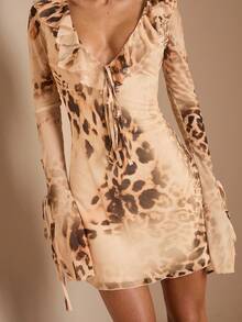 SHEIN BAE Váy dài tay buộc trước họa tiết da báo dành cho nữ - Màu be - Xem 6