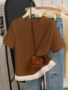 INAWLY 大码女式时尚流苏装饰 T 恤，夏季百搭 - 咖啡棕 - 查看 1