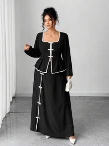 Elenzga Koszula i spódnica damska w dużym rozmiarze z kwadratowym kołnierzykiem i długim rękawem, 2 sztuki, swobodny i stylowy - Czarne i Białe - Zobacz 1