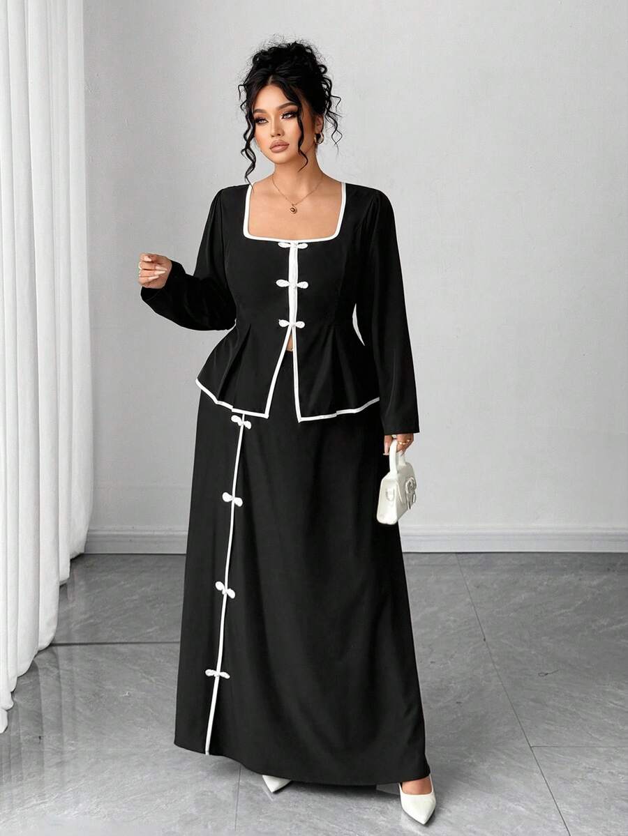 Elenzga Koszula i spódnica damska w dużym rozmiarze z kwadratowym kołnierzykiem i długim rękawem, 2 sztuki, swobodny i stylowy - Czarne i Białe - Zobacz 1