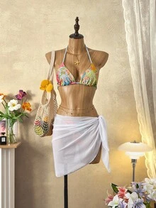 SHEIN Swim Conjunto de Maiô Bikini Casual de Praia de 2 Peças Estampado Retrô Azul Estilo Boho Chic, Multicolorido para Férias e Festas - Multicolorido - Visão 2
