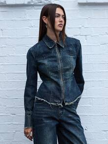 COUREZ Áo sơ mi denim dài tay có khóa kéo, màu xanh bẩn, kiểu dáng Y2K, thời trang nữ mùa thu, áo kiểu dễ thương, áo đi chơi, áo mùa đông, áo kiểu sành điệu - Màu xanh lam - Xem 5