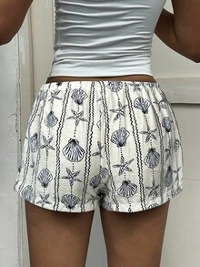 Aloruh Women's Sea Shell & Starfish Striped Button Decorated Belted Waist Shorts, Spring/Summer Summer - Black - View 2