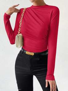 Zolique Women's Solid Color Stand Collar Raglan Sleeve Ruched Bodysuit - Red - View 6