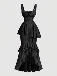 SHEIN MOD Rochie neagră din dantelă, mulată, asimetrică, cu tiv cu volane, ținută de vară, rochie de absolvire