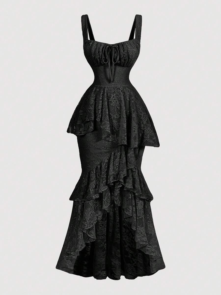 SHEIN MOD Rochie neagră din dantelă, mulată, asimetrică, cu tiv cu volane, ținută de vară, rochie de absolvire