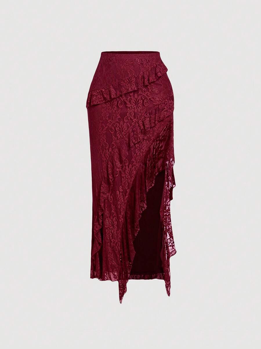 SHEIN MOD Váy ren xẻ tà cao màu đỏ tía cho nữ, trang phục năm mới, giáng sinh, tiệc tùng, kỳ nghỉ trên bãi biển, quần áo, trang phục dạo phố cho nữ, trang phục Valentine cho nữ - Màu Đỏ Sâu - Xem 1