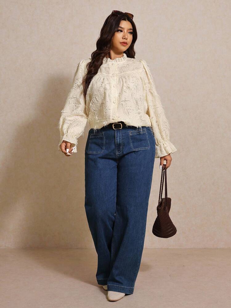 Elaquor 大码女式荷叶边领长袖单排扣时尚衬衫 - 杏色 - 查看 1