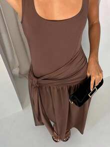 Glamine 棕色无袖露肩不对称褶皱长裙，女士生日服装，约会晚礼服，婚礼宾客礼服，音乐会服装，返校服装，初秋服装 - 咖啡 - 查看 2
