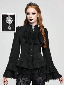 ROMWE Goth 复古哥特式风格女式可拆卸荷叶边领带巴洛克宝石吊坠喇叭形荷叶边袖口收腰衬衫 - 黑色 - 查看 7