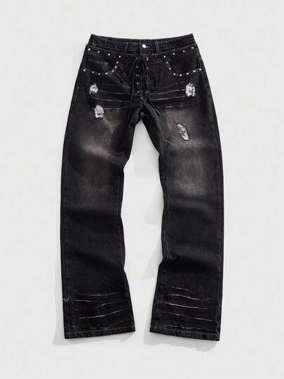 Street Life Jeans de pierna ancha con decoración de remaches, estilo casual de calle, con doble cintura para hombres