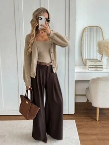 SHEIN LUNE Bộ 2 áo len cardigan dáng rộng thoải mái dành cho nữ, áo hai dây và áo khoác cardigan cài nút phía trước, áo khoác cardigan màu nâu, áo khoác cardigan màu nâu, áo len cardigan màu nâu, áo len cardigan cho mùa thu/đông - Màu nâu  Mocha - Xem 5