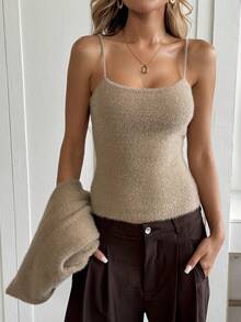 SHEIN LUNE Bộ 2 áo len cardigan dáng rộng thoải mái dành cho nữ, áo hai dây và áo khoác cardigan cài nút phía trước, áo khoác cardigan màu nâu, áo khoác cardigan màu nâu, áo len cardigan màu nâu, áo len cardigan cho mùa thu/đông - Màu nâu  Mocha - Xem 6