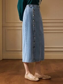 Écloséra 女士单排扣长款休闲牛仔裙 - 藍色 - 查看 5