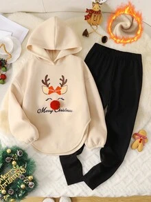 SHEIN 青少年女孩休闲圣诞驯鹿图案蝴蝶结和绒球装饰宽松连帽衫和黑色紧身裤套装，适合圣诞节、日常、派对、学校、杏色、卡其色 - 杏色 - 查看 7