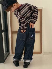 DAZY Toddler Boys' Loose Straight Leg Casual Jeans, Letter Embroidery & Plaid Patchwork, Autumn - Dark Wash - View 7