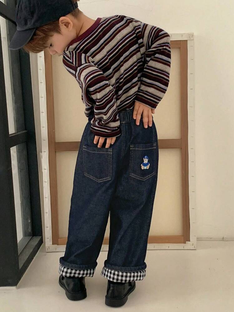 Toddler Boys' Loose Straight Leg Casual Jeans, Letter Embroidery & Plaid Patchwork, Autumn