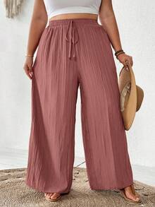 SHEIN CURVE+ Damen Große Größen Sommer Lässig Beach Outfits, Mode Business Pendler Elegante Weite Hosen mit Taschen, Lotus Rosa, Sommerhosen Sommer/Land/Strandurlaub Outfits/Strandoutfits/Strandmode