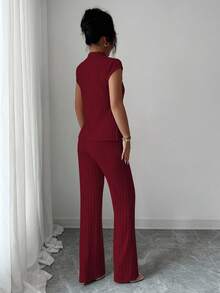 Elenzga 2 piezas Conjunto de top y pantalones acanalados de unicolor elegante y casual para mujer - Burdeos - Ver 2