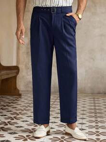 HIMLAND Men's Casual Solid Color Carrot Pants With Belt Decoration