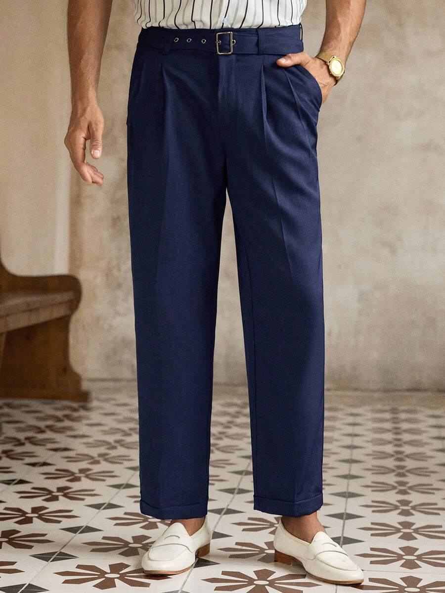 HIMLAND Men's Casual Solid Color Carrot Pants With Belt Decoration
