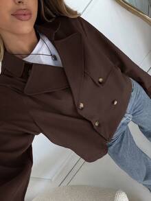 SHEIN EZwear Women's Solid Color Double-Breasted Casual Long Sleeve Woven Jacket,Fall,Brown Jacket Cropped Blazer Brown Blazer Women Cropped Jacket