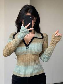 DAZY 女士时尚休闲修身性感针织毛衣，彩色扎染条纹撞色拼接毛绒半开襟，秋冬Y2K风格 - 墨綠色 - 查看 10