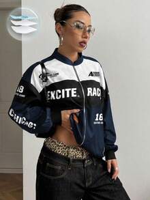 SHEIN PETITE Letter Print Contrast Color Drop Shoulder Bomber Jacket For New Year Clothes