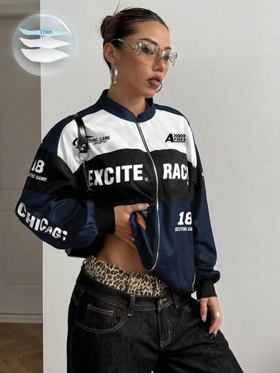 StreetHx Petite Letter Print Contrast Color Drop Shoulder Bomber Jacket For New Year Clothes ,Petite Women