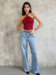 SHEIN Unity 女士蕾丝性感露背交叉绑带上衣，秋季款 - 酒紅色 - 查看 5