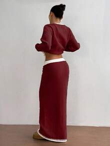 Flirla 2pcs Ombre Bowknot Strap Casual Basic Knit Set, Autumn/Winter - Red - View 2