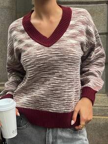 DAZY Pull décontracté à col V bicolore pour femmes, automne - Tabac - Voir 4