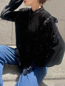 FRIFUL 女士荷叶边领天鹅绒水钻装饰休闲宽松衬衫，秋季可爱长袖亮片上衣 - 黑色 - 查看 3
