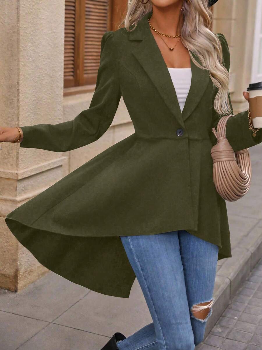 EMERY ROSE Women's Fashion Casual Asymmetrical Hem Single-Button Blazer - Army Green - View 1
