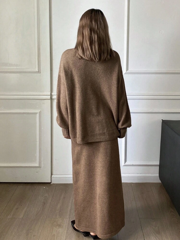 Women's Solid Color Loose Slit High Neck Long Sleeve Sweater & A-Line Skirt Casual Two Pieces Set, Autumn/Winter