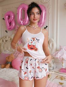 PetitDoll Funny Halloween Themed Print Casual Camisole & Shorts Women Pajama Set