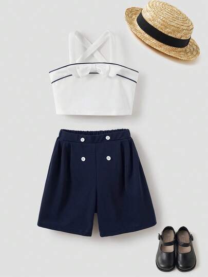Joliand Joliand 2pcs Tween Girls Elegant & Urban Cute White Bow Decorated Blue Trim Camisole And Blue Shorts Set, Suitable For Outings, Gatherings, Beaches, Summer